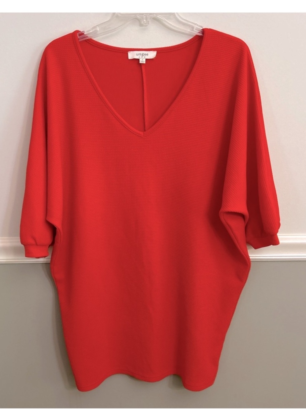 Umgee Red Orange Textured Tunic Dress V Neck Dolman 3/4 Sleeve Shift Dress Small